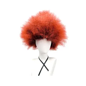 Fluffy red curly afro wig for cosplay and carnival parties, vibrant volumetric synthetic hair.