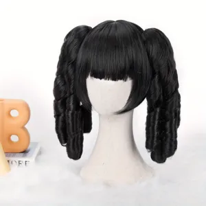 Black lolita twin tail curly wig with bangs, retro spiral ringlets for cosplay hair.