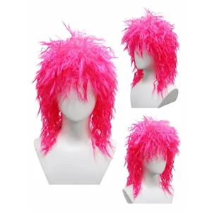 Pink fluffy punk wig for Halloween costume party, curly shaggy cosplay hair detail view.