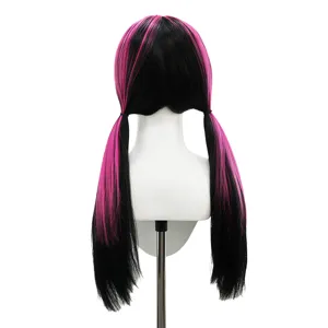 Close-up back view of black and pink two-tone synthetic long straight pigtail wig detail.