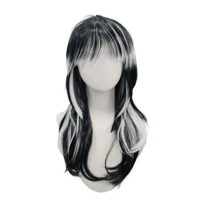 Black and white layered wig with bangs, long straight hair for Halloween cosplay party.