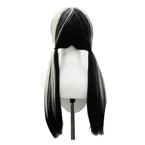 Women long straight synthetic wig black white split pigtails cosplay hair full cap new