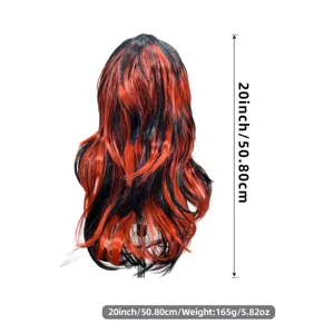 Black red layered long wavy wig detail showing 20 inch size and 165g lightweight design.