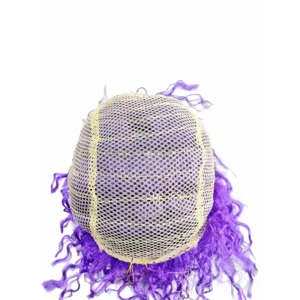 Purple afro curly wig cap detail shot, breathable inner mesh design for party and cosplay fun.
