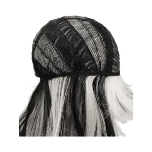 Black and white cosplay party wig with breathable inner mesh cap for Halloween events.