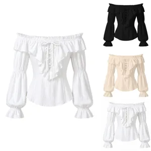 Women's Casual Long Sleeve Off Shoulder Blouse Solid Color Ruffle Lace-up Slim Fit Elegant Fashion Top