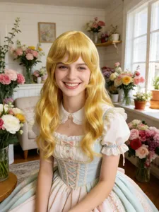 Princess peach cosplay blonde curly wig with cute sweet Lolita dress for Halloween parties.