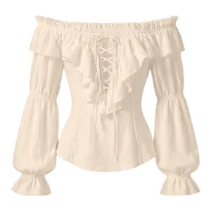 Elegant off-shoulder vintage lace-up ruffle long sleeve blouse for women fashion apparel
