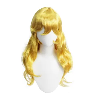 Anime blonde long curly wave wig for cosplay, fluffy synthetic hair fashion style.