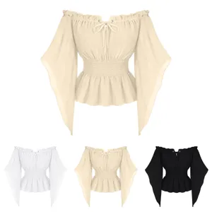 Women's French Vintage Off Shoulder Long Lantern Sleeve Blouse Casual Smocked Waist Drawstring Lace Up Solid Color Top