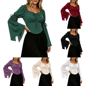 Blouse Femme Style Renaissance Épaules Dénudées Manches Longues Évasées Cordon Taille Casual Couleur Unie Top Rétro