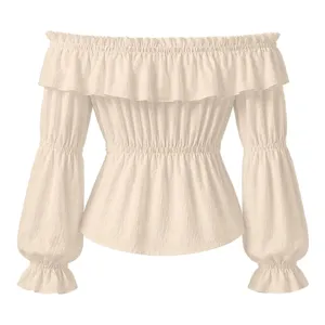 French style off-shoulder ruffled long sleeve blouse with smocked waist for women.