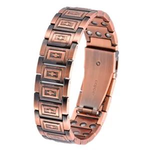 Vintage Pure Copper Magnetic Bracelet For Men Retro Cross Relief Antique Copper Chain Bracelet