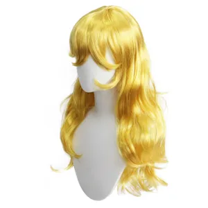 Detailed close-up of the vibrant yellow long wavy curly cosplay wig, showing texture and style.