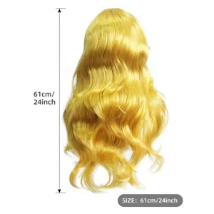 Detailed view of long blonde curly wig, big wave design, ideal for cosplay and dress up events.