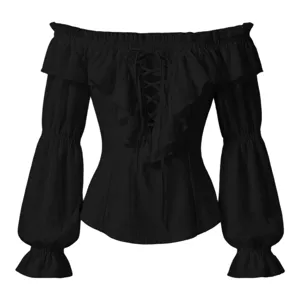 Black off-shoulder long sleeve blouse with elegant ruffles and lace-up front design.
