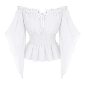 Detailed view of the white off-shoulder blouse featuring elegant front drawstring and smocked waist.