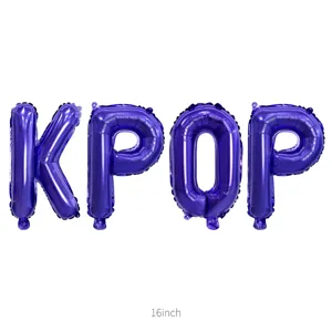 Detail shot of 16-inch purple foil letter balloons spelling KPOP, ideal for music theme parties.