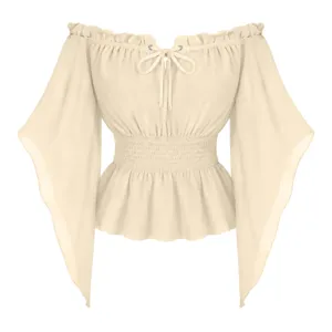French vintage off-shoulder lace-up long sleeve blouse elegant casual top detail view