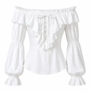 White off-shoulder blouse with front lace-up closure, delicate ruffles, and long sleeves.