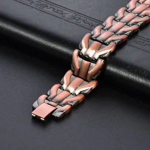 Close-up detail of vintage copper magnetic bracelet with unique dragon scale links, stylish.