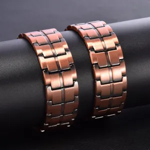 Close-up detail view of the three-row magnetic copper bracelet showing fine metal links.