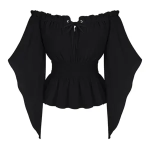 Black off-the-shoulder blouse detail view featuring drawstring tie and smocked waist design.