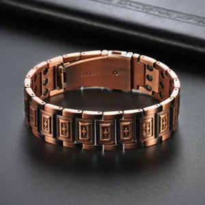 Vintage pure red copper magnetic bracelet with cross pattern, health therapeutic wrist jewelry.