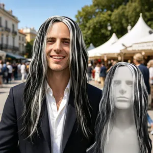 Men Long Straight Wig Synthetic Black And White Highlight Halloween Horror Stage Performance Costume Cosplay Wig