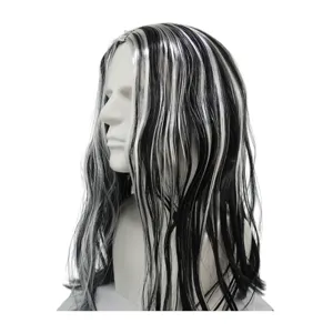 Synthetic black and white highlighted long straight wig for men Halloween party stage performance.