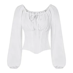 Witte Franse vintage blouse met lange mouwen, veters vooraan en korsetstijl top.