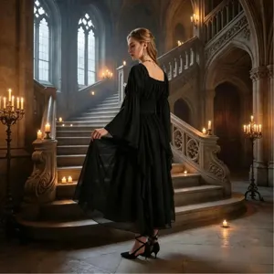 Blouse longue noire vintage de style Renaissance pour femme, élégant haut col carré.