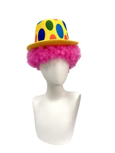 Close-up detail of the colorful polka dot clown top hat paired with bright pink curly afro wig.