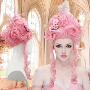 Baroque pink court wig with flowers and feather for parties, elegant vintage princess style.