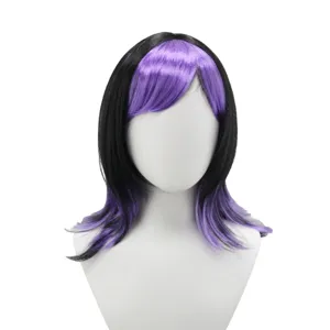 Dark Black Purple Gradient Wolf Tail Medium Long Hair Cosplay Women Gothic Layered Wig