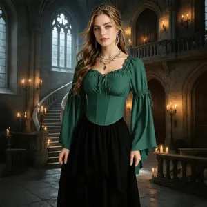 Haut corset médiéval de la Renaissance pour femmes, chemisier à manches longues vert.