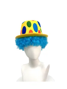 Details of clown wig with polka dot top hat for Halloween party, colorful afro hair and cute hat.