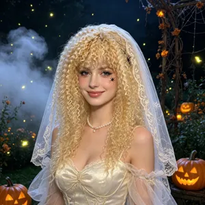Close-up detail of the blonde corn perm wig with white lace veil, perfect for Halloween party costumes.