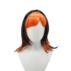 Black orange gradient medium layered cosplay wig with side bangs for Halloween party style