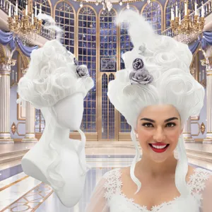 Baroque white wig with purple roses and feathers for costume parties, stage shows, and cosplay.