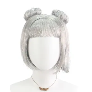 Silver tinsel short bob wig with double buns and bangs for cosplay party stage costume.