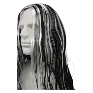 Black white highlighted long straight wig for men Halloween costume stage performance