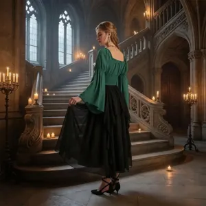 Vue détaillée du chemisier style renaissance manches longues épaules dénudées et jupe.