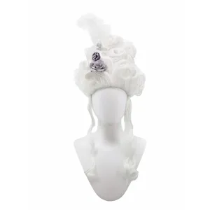 European baroque white wig with feather and flowers, perfect for stage costume party events.
