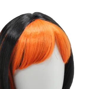 Black and orange cosplay wig with side bangs on mannequin head for Halloween parties.