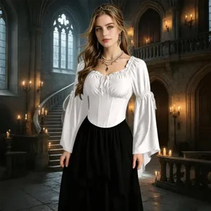 Style renaissance médiéval off shoulder manches longues évasées chemisier blanc détail