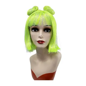 Neon green short bob wig with silver tinsel and double buns for cosplay and parties.