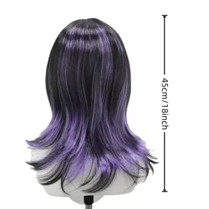 Black purple gradient wolf cut cosplay wig 45cm 18inch medium length layered Halloween hair