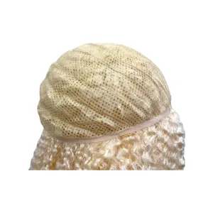 Blonde curly wig inner net cap construction detail, breathable mesh design for wear.