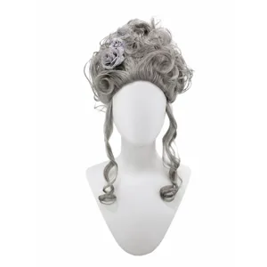 Baroque grey court wig with floral and butterfly accents for Halloween, stage, and roleplay.